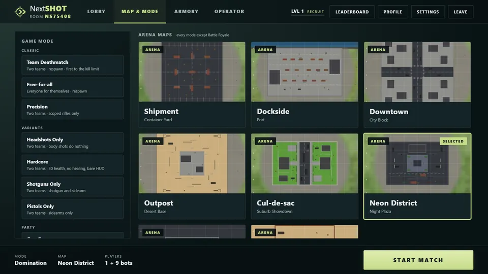 Lobbystrike: Map and mode select